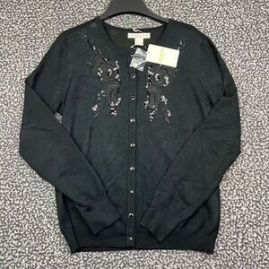 Melrose Chic New York Cardigan Sweater Women Large Black Sequin Embroidered L
